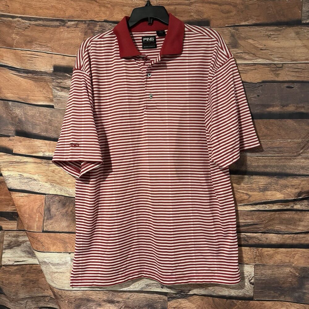 PING Men's L Golf Polo Shirt Red White Striped Performance Dry Fiber Dynamics